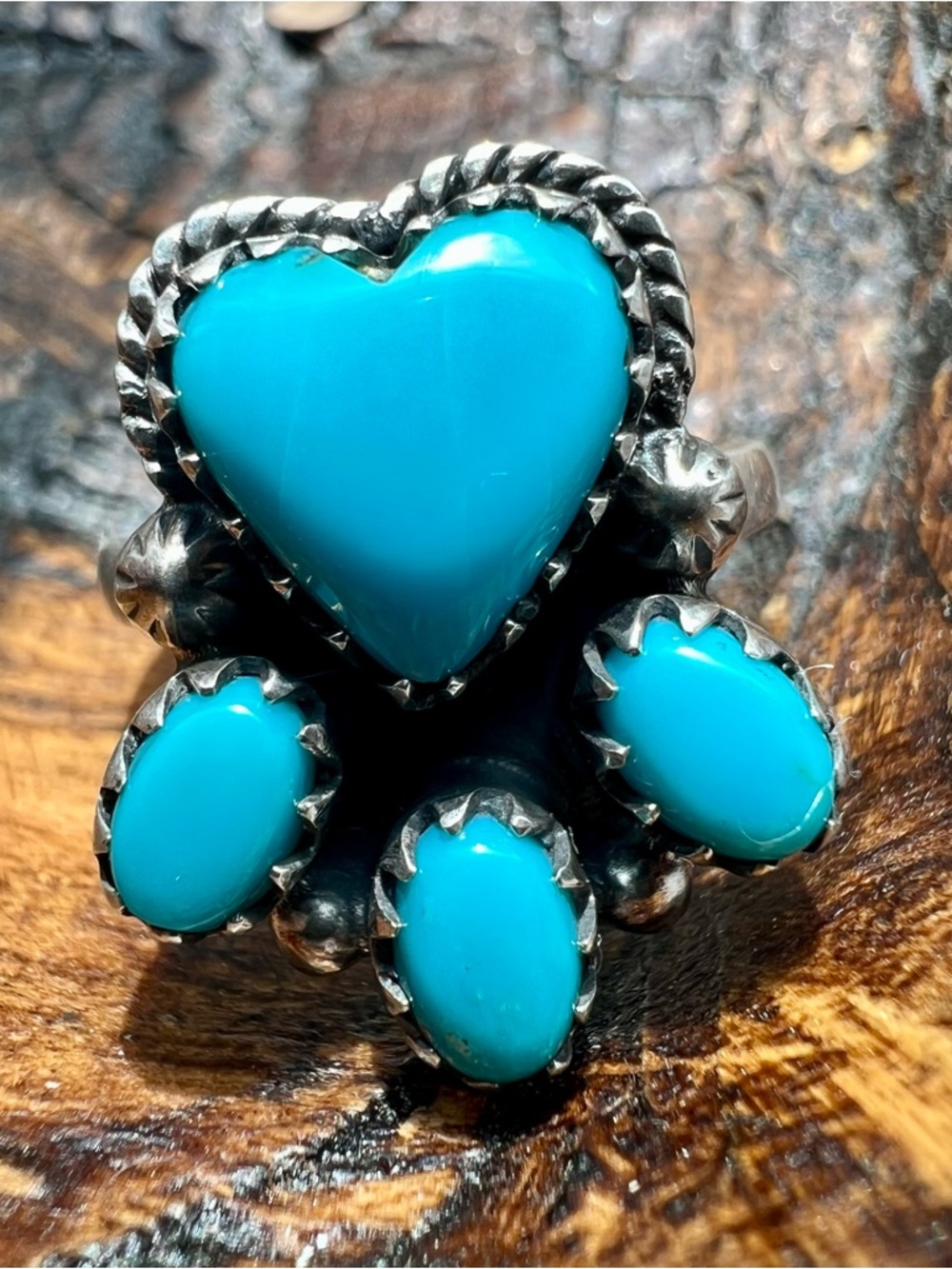 925 Sterling Silver Kingman Turquoise Heart Cluster Ring Size 8